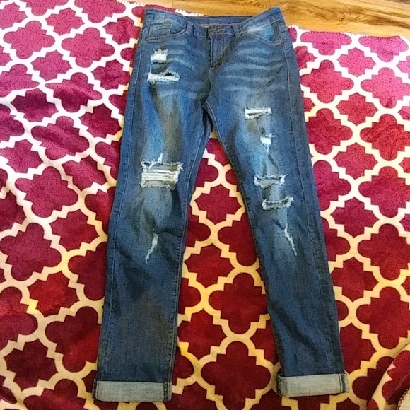 Denim - Boyfriend ripped jeans with rolled cuffs. Size 0s